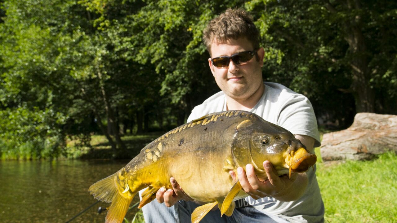 Stolzer Angler mit Spiegelkarpfen am Gutsteich